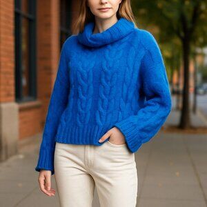 NWT Chunky Cowl-Neck Cable-Knit Sweater Blue